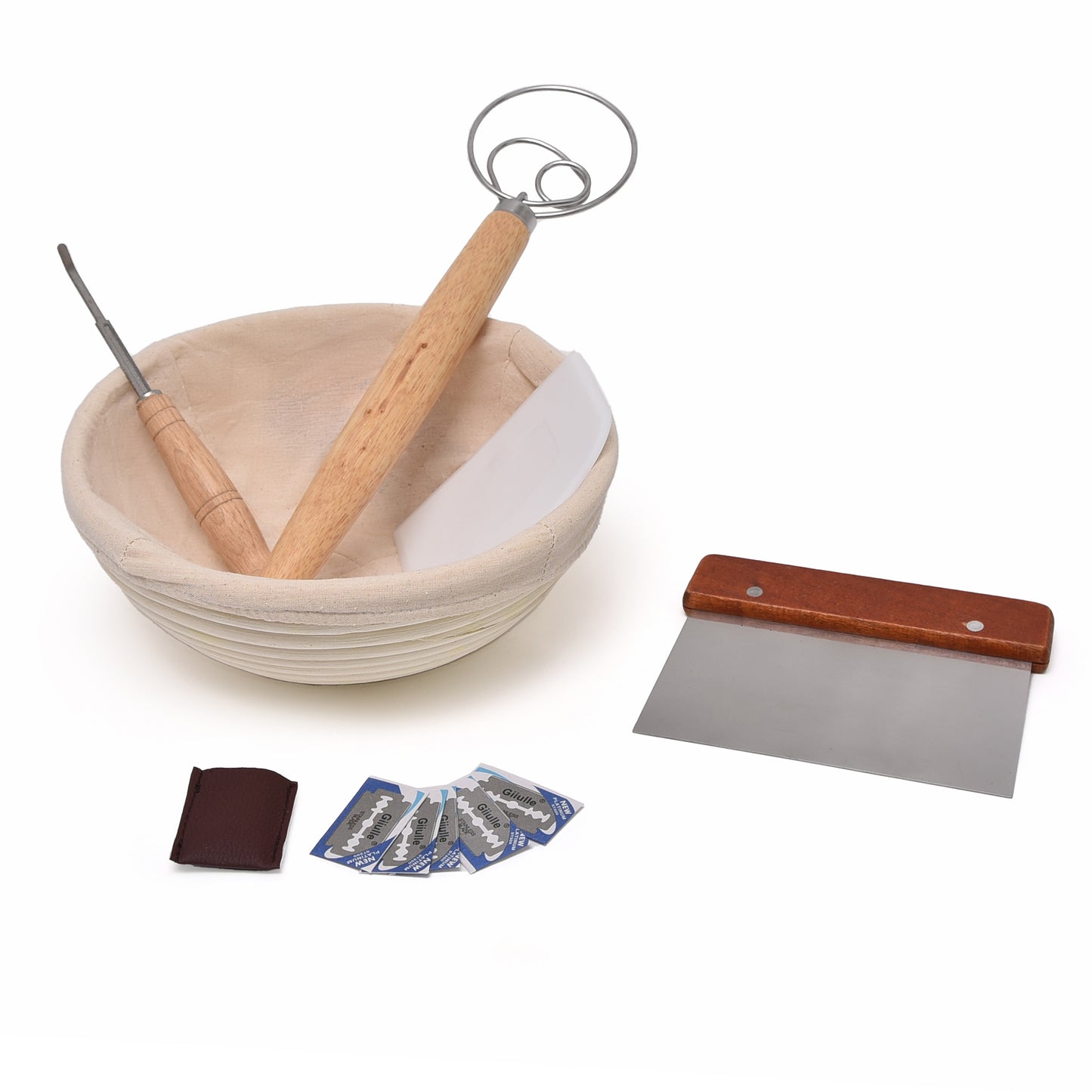 Brunswick Bakers Deluxe Bread Baking Set, set includes 23cm round banneton with insert, dough scraper, dough cutter, danish whisk, bread lame with extra blades and leather cover